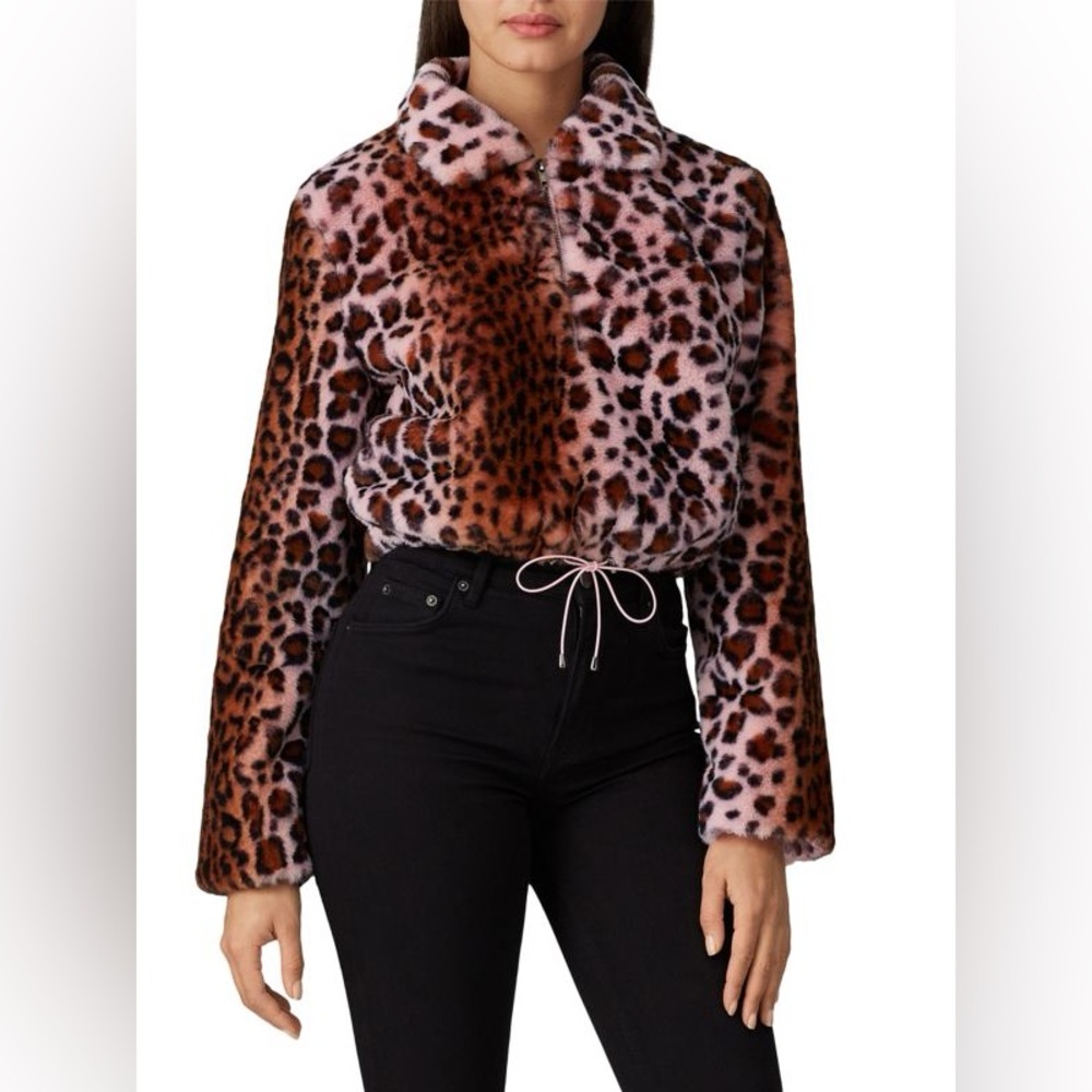 KENDALL + KYLIE Faux Fur Leopard Print Jacket pink brown